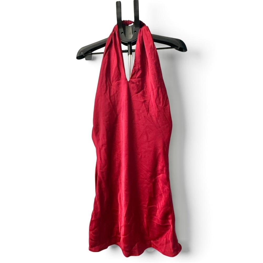 Y2K Burgundy Satin Halter Mini Dress Open Back Cowl Draped Party Sz 2 NWT V Neck